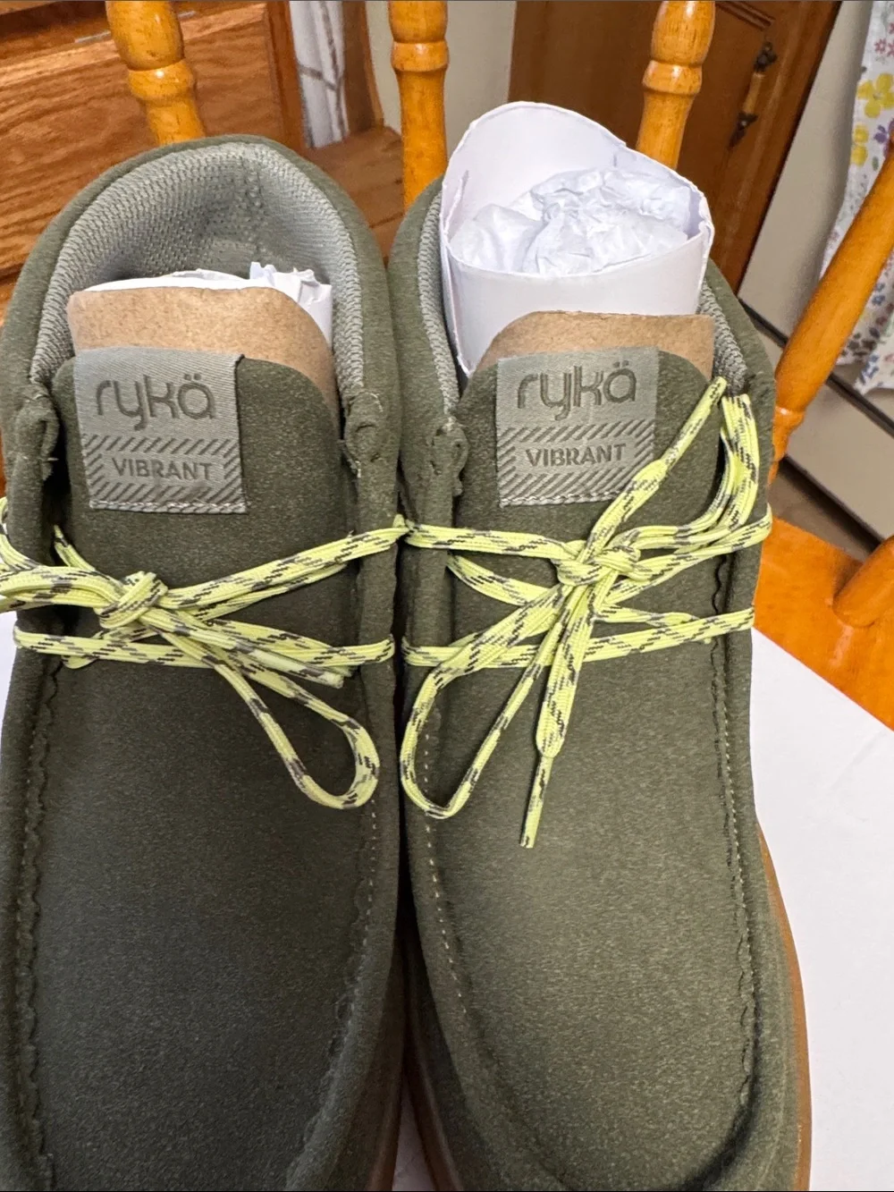 Ryka NWB 7M Olive Green ankle boots with Gum Sole Neon Laces